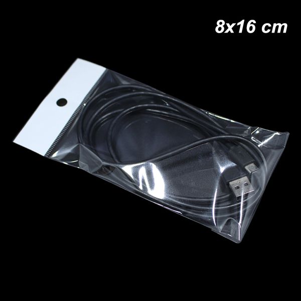 

500pcs lot 8x16 cm plastic poly self adhesive digital components bags clear opp ploy plastic hang hole self seal storage pouch for ornaments