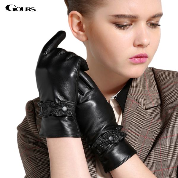 

gours women' winter genuine leather gloves fashion new brand black goatskin finger glove warm mittens 2017 new gsl034, Blue;gray