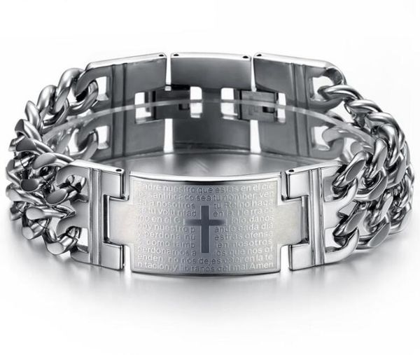 Pulseiras de cadeia de link de aço inoxidável clássico para homens Espanha Bíblia oração do verso do senhor preto ouro branco titanium jóias por atacado