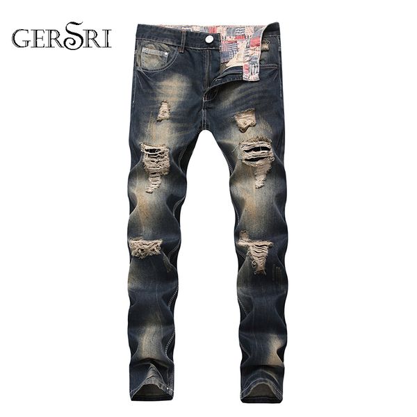 

gersri new fashion ripped jeans men patchwork hollow out printed beggar cropped pants man cowboys demin pants male drop shipping, Blue