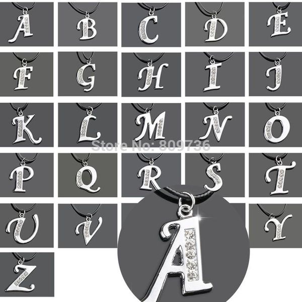 

1pc silver tone initial letter crystal leather pendant necklace 26letters for diy imitation necklace drop free