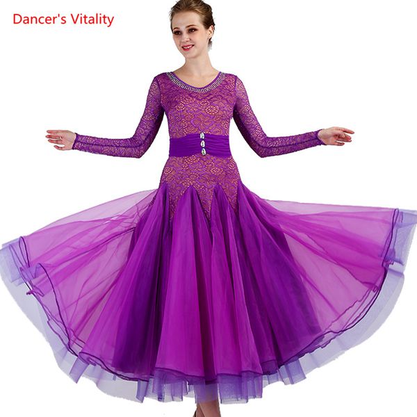 

ladies ballroom dance dress lace long sleeves big swing dresses for women ballroom waltz tango dance performance costumes, Black;red