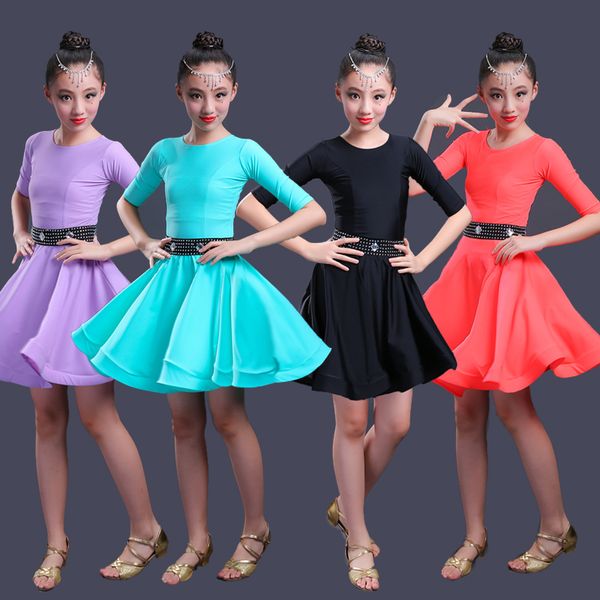 

kids latin dress costume children competition ballroom dance spandex for girls salsa rumba cha cha samba tango ruffle skirts, Black;red