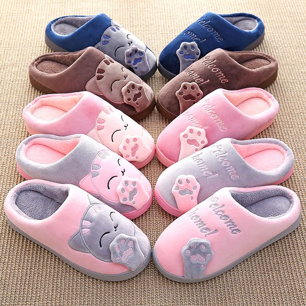 

winter indoor cute non-slip soft cartoon cat slippers women cotton house slippers ladies warm flat floor shoes, Black