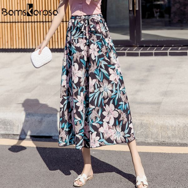 

2018 new summer wide leg pants women loose bohemian beach casual pants elastic waist print floral striped pantalon femme vintage, Black;white