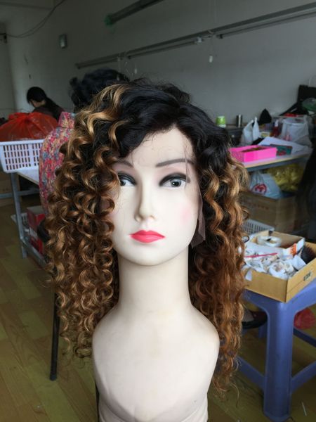 

human hair wigs dark roots 1b 30# ombre brown kinky curly glueless human hair lace front wigs for black women, Black;brown