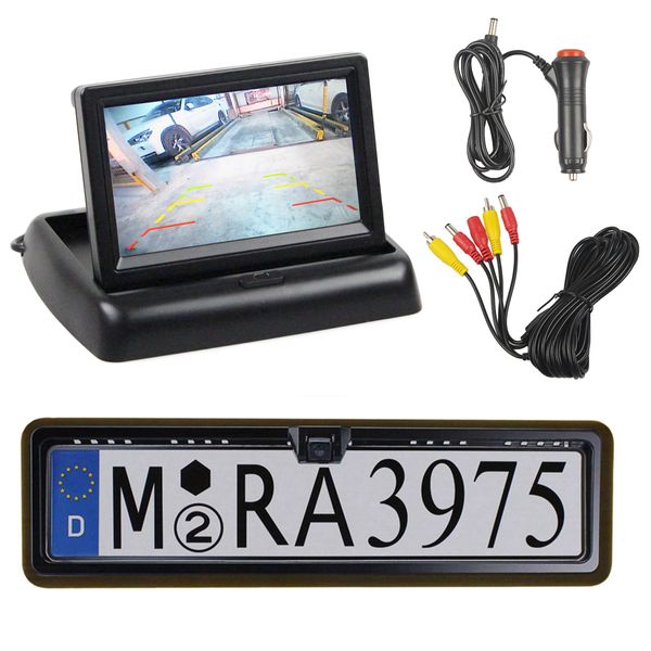 DIYKIT Monitor per auto con display LCD da 4,3 pollici + DIYKIT Telecamera di backup con cornice per targa automobilistica europea impermeabile