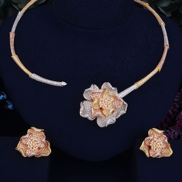 

godki super luxury floral flower women wedding cubic zirconia choker necklace earring dubai jewelry set jewellery addict, Silver