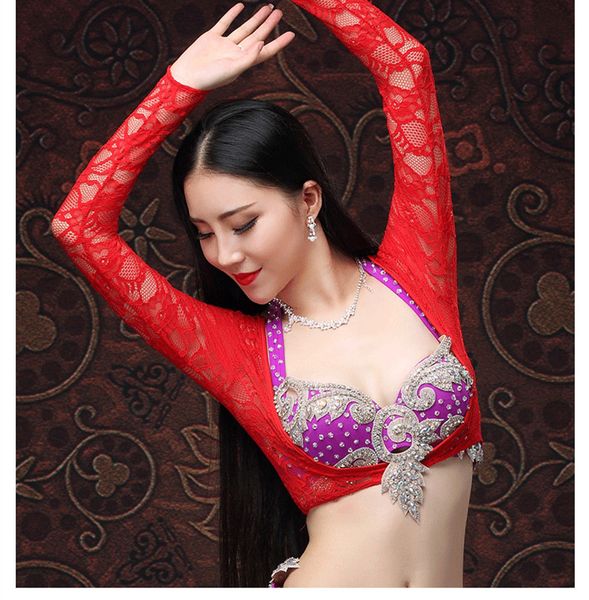 

women's lace open bust long sleeve belly dance crop solid v neck dancer blouse white red pink m l ing, Black;red