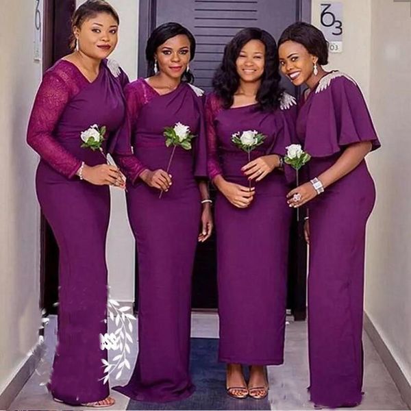 

Eggplant Purple Sheath Bridesmaid Dresses Elegant One Long Sleeves Chiffon Maid Of Honor Gowns Custom Made Bridesmaid Dress For Wedding