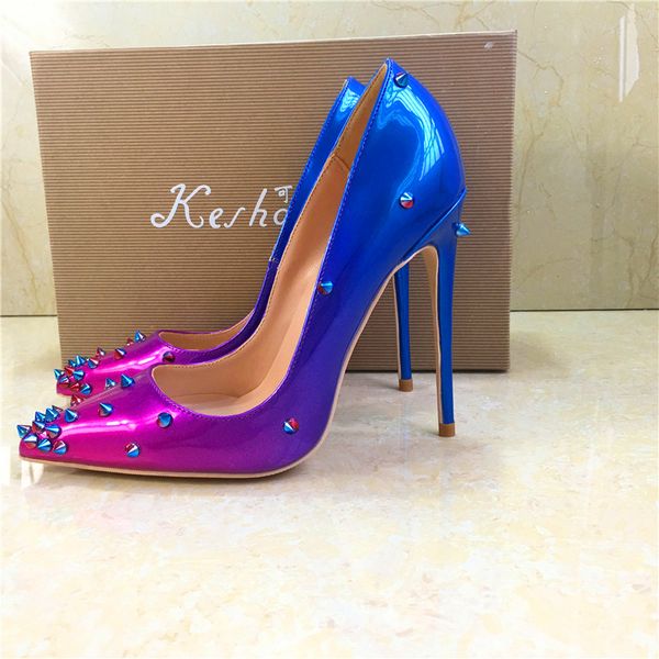 Brandnew голубые пурпуровые ботинки высокой пятки заклепки, модные сексуальные ботинки 8 1012CM повелительниц, таможня 33-45 ярдов.