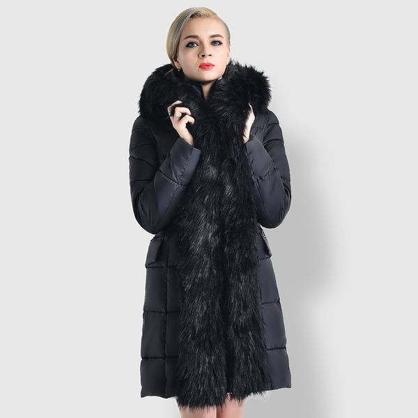 

new fashion women winter long style overcoat winter warm feather cotton fur trimÂ parkaÂ with fur collar thicken coats black khaki gray