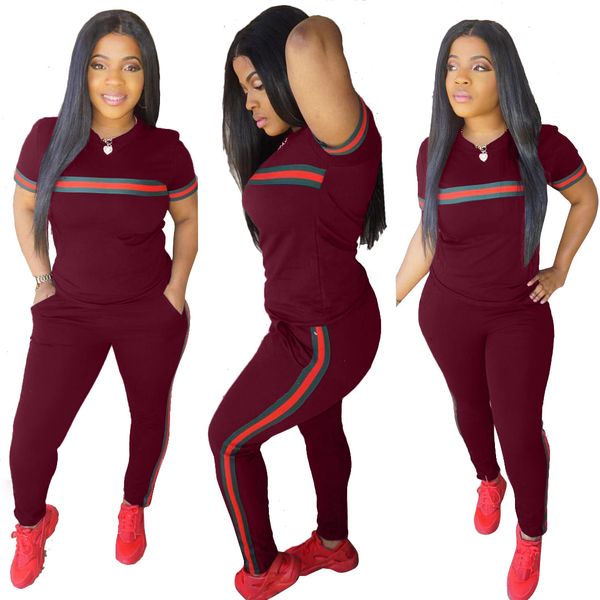 

Womens Summer Tracksuits Patchwork Striped Design Suits 2 PCS Jogger Running Casual Slim Outfits Short Sleeve Long Pants Suits