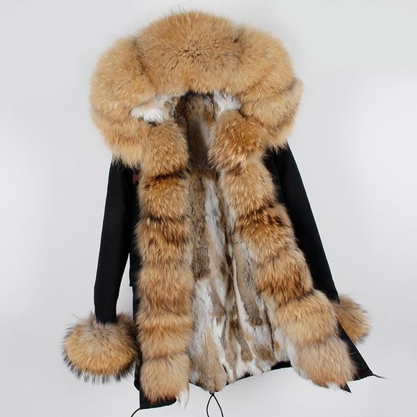 

2021 real detachable coat parkas jacket long natural parka hood casual collar outerwear thick warm rabbit winter women fur new streetwe hnin, Black