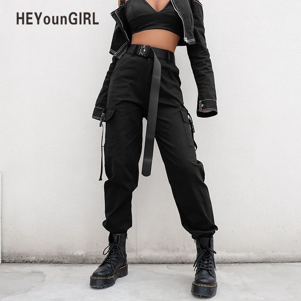 

heyoungirl streetwear cargo pants women casual joggers black high waist loose female trousers korean style ladies pants capri c18111201, Black;white
