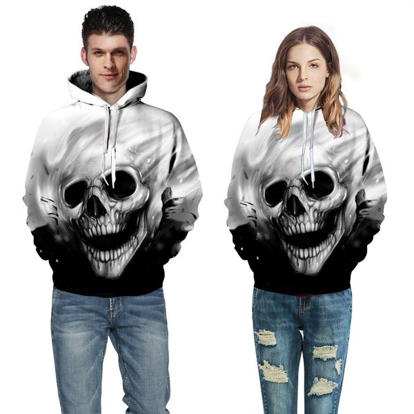 

S-3XL Women Men Couple Fashion Skull 3D Print Pattern Loose Long Sleeved Jumper Sweatshirt Hooded Hoodie Pullover Outwear