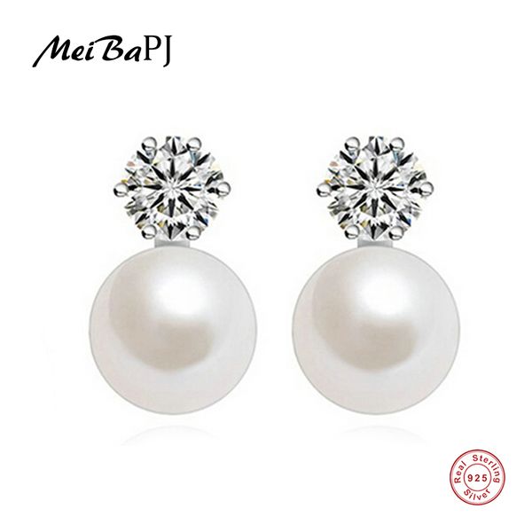 

meibapj]100% real freshwater pearl classic princess stud earrings for women 4 colours selling 925 silver fine jewelry, Golden;silver