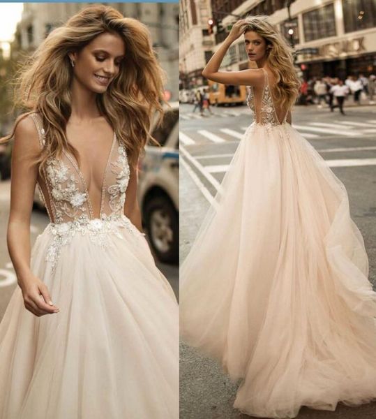 

boho 2018 new summer beach berta bridal gowns deep v neck backless wedding dresses luxury crystal beading formal gowns vestidos de, White