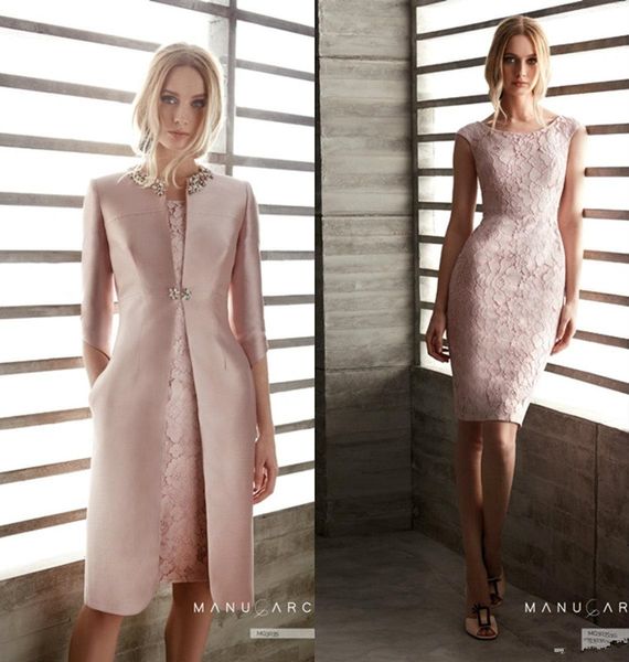 

Pink Mother Of The Bride Dresses With Jacket Lace Jewel Neck Knee Length Long Sleeve Elegant Mother's Gowns Wedding Guest Dress Cocktail