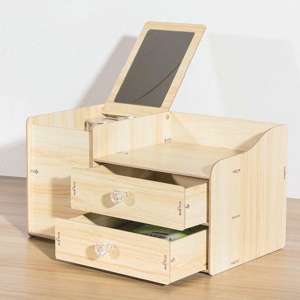 Wood Desk Set Cosmetics Storage Box With Mirror Cover Desktop