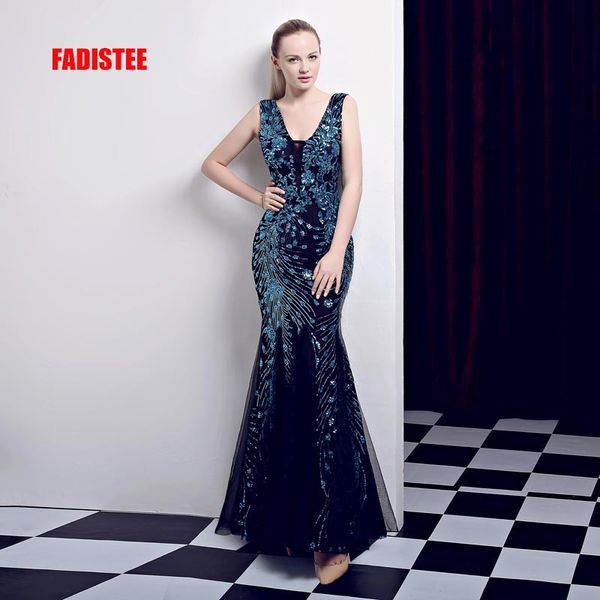 

fadistee новое прибытие партии вечерние платья pattern кружева блестки vestido де феста пром халат де вечер длинные сексуальные русалка банк, Black