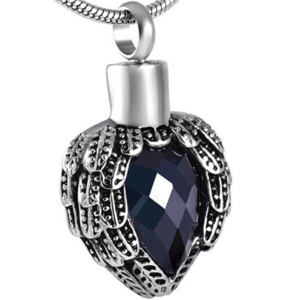 

black heart shape angel wing birthstone memorial for holder urn necklace stainless steel waterproof cremation jewelry, Silver