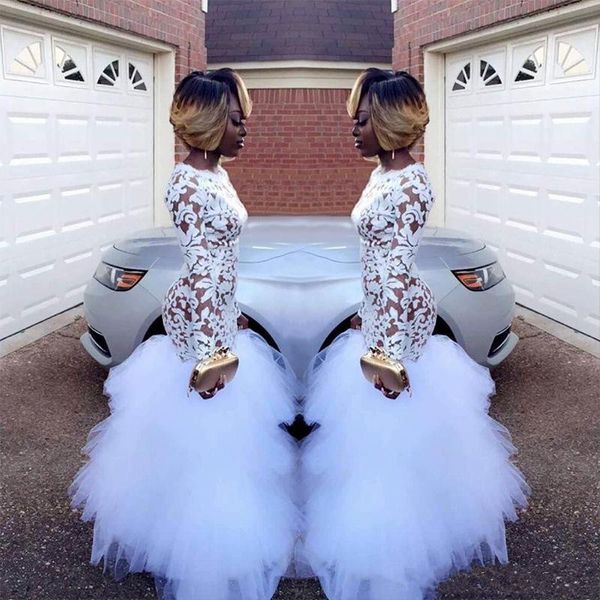 

2018 White African Lace Backless Long Sleeves Mermaid Evening Dresses Tulle Sweep Train Red Carpet Pageant Prom Dresses
