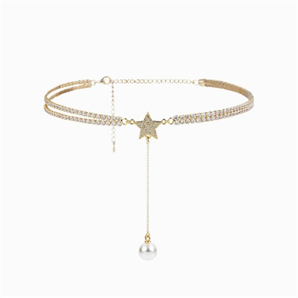 

whole salexiao young gold-color rhinestone choker necklace elegant simulated pearl star tassel necklaces & pendants cute gifts wholesale, Golden;silver