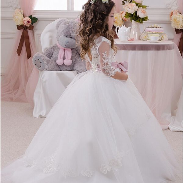 

elegant ball gown flower girls dresses for weddings sheer neck long sleeves applique lace tulle children wedding dresses girls pageant dres, White;blue