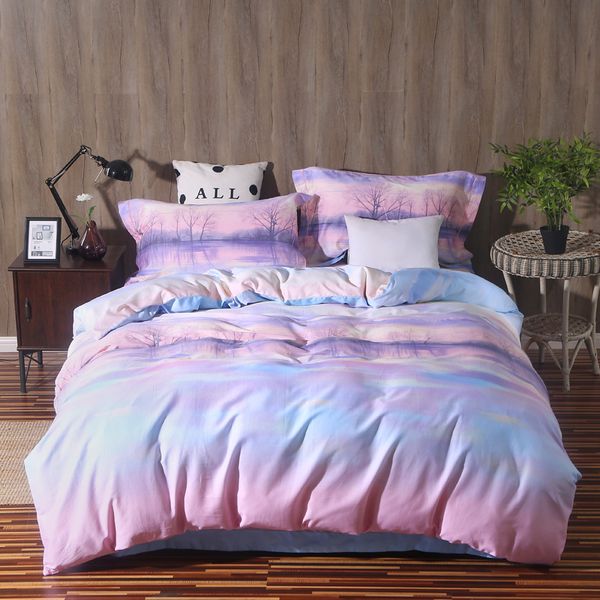 

tree lake print luxury 60s egyptian coon 4pcs bedding sets, variable color duvet cover flat sheet pillowcase set