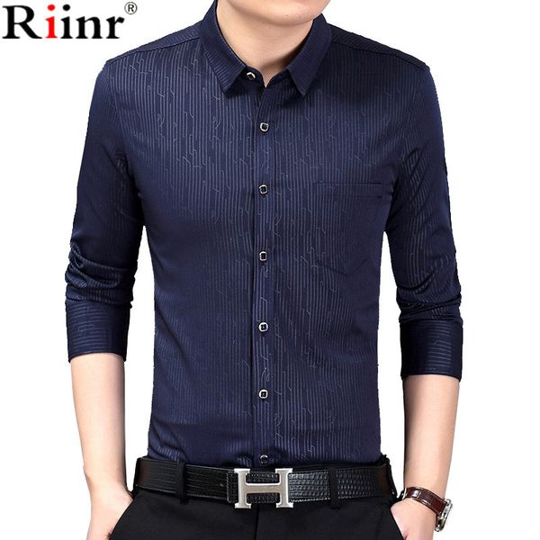 

riinr new arrival men solid color shirts high quality dress shirts long sleeve slim casual social middle aged male shirt, White;black