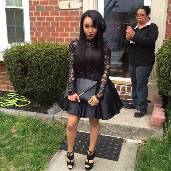 

backless black short homecoming dresses sheer neck appliques lace long sleeve above knee prom dresses vestidos de fiesta, Blue;pink