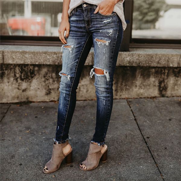 

women ladies vintage fit stretch ripped skinny washed ripped jeans pencil high waisted denim pants jeans, Blue