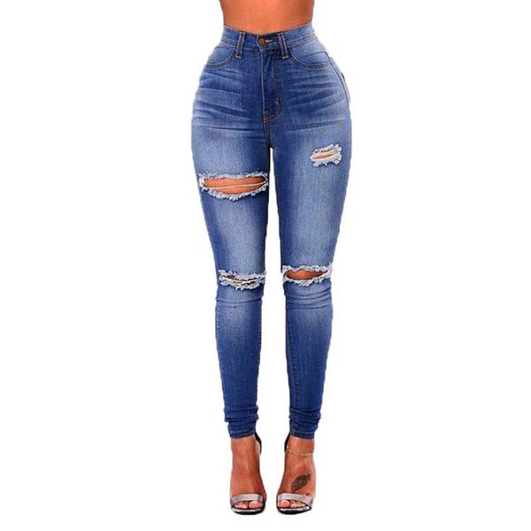 

slim hole jeans for women skinny high waist ripped jeans woman blue denim pencil pants stretch waist women calca feminina