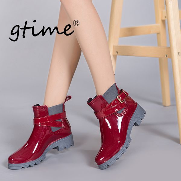 

gtime new rain boots warm buckle platform slip on pvc waterproof motorcycle bowtie ankle flat with woman shoes zstm80, Black