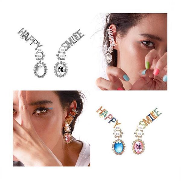 

new design multi color crystal smile happy letter clip earrings for women asymmetric ear cuff punk jewelry, Silver