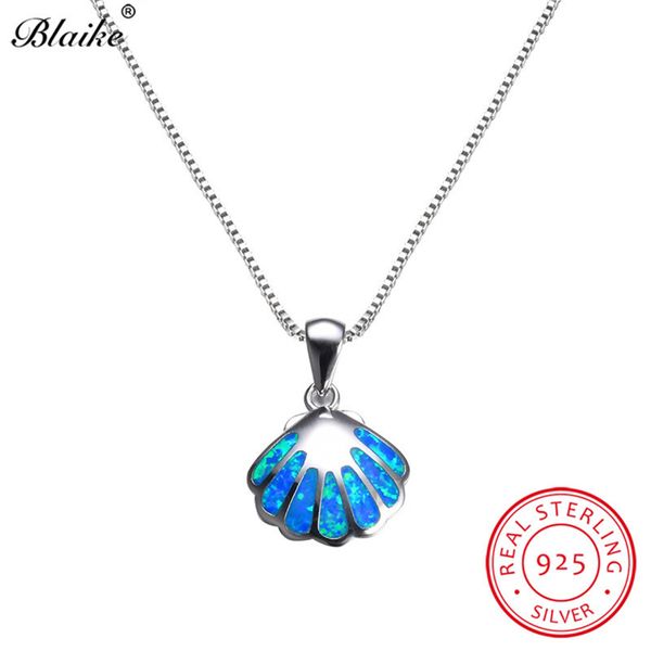 

blaike 925 sterling silver shell pendants for women blue fire opal necklace female cute scallop birthstone choker fine jewelry