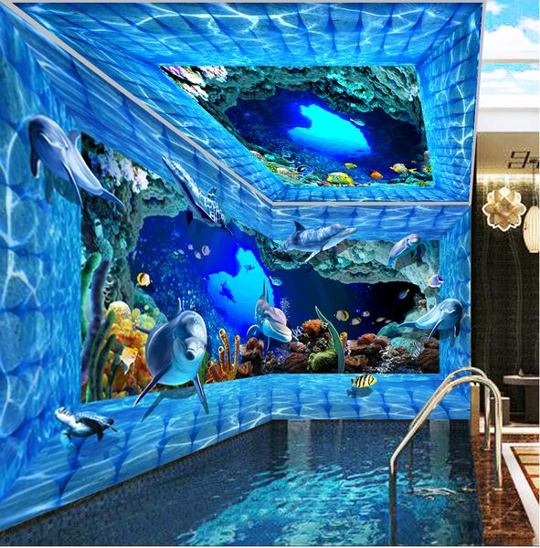 

custom retail marine world naked eye 3d background wall beautiful underwater coral fish dolphin full house background map