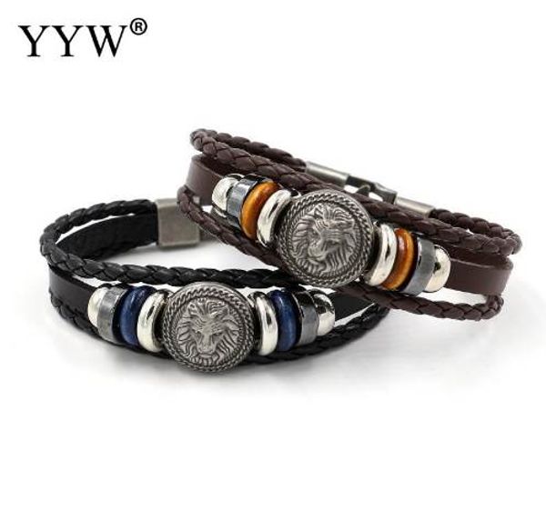 

handmade retro leather woven charm rock bracelet men vintage braided bangles lion men jewelry pulseira feminina, Golden;silver