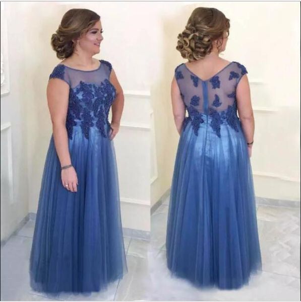 Acheter Plus Size Mère De La Robe De Mariée Pour Mariage Invitation Blue Illusion Tulle Longue Robe De Bal Appliques Perles Formelle Robes De Soirée