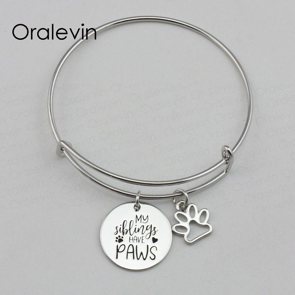 

my siblings have paws inspirational hand stamped engraved pendant expandable bracelet bangle gift jewelry, #ln2160b, Black