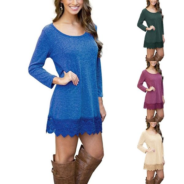 

women's spring autumn plus size dress long sleeve stretch loose lace casual dress asymmetrical hem fashion mini dress, Black;gray