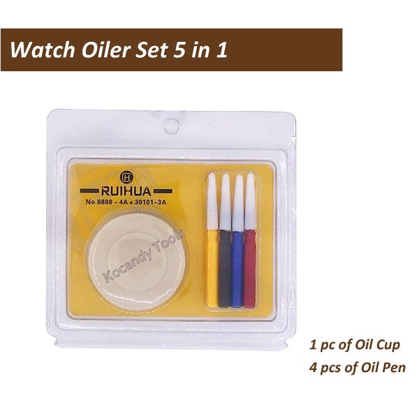 

watch oiler set assortment of 1 oil cup and 4 oil pens