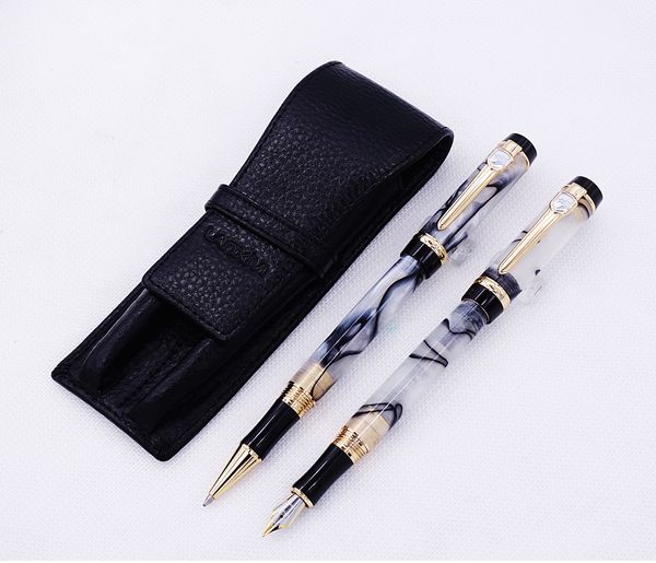 

jinhao century series white celluloid fountain pen & rollerball pen with real leather black pencil case washed cowhide case