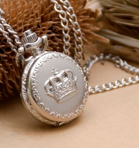 

silver fashion vintage crown pocket watch necklace with chain for women clock hours aaa130, Slivery;golden