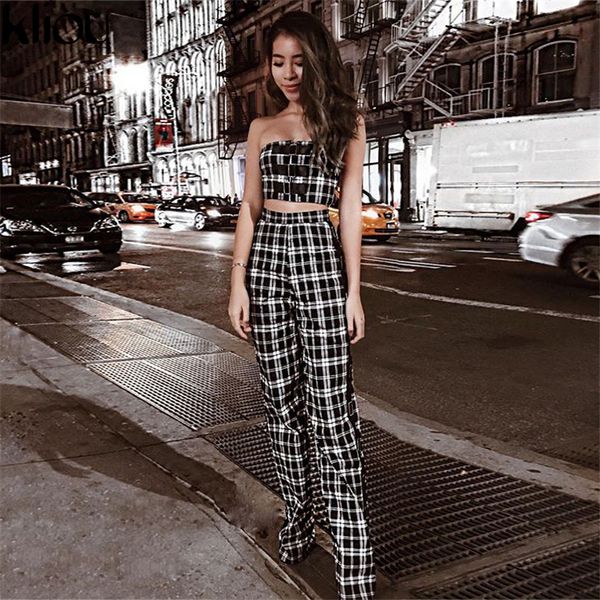 

Mid Two Piece Set Tracksuit Plaid Sexy Sleeveless Sweatsuits For Office Lady Sets Cropped Survetement Femme Military