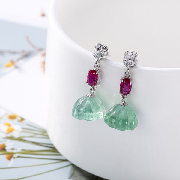 

hutang gemstone fluorite earrings 925 solid sterling silver green fine fashion stone jewelry for gift chinese style, Golden;silver
