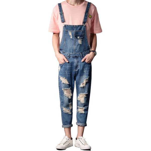 

moruancle men fashion distressed jeans jumpsuits ripped denim bib overalls destroyed suspender pants for man plus size s-5xl, Blue