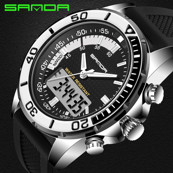 

sanda men's watch man sport diving led display wristwatch fashion casual rubber strap wristwatch relogio, Slivery;brown