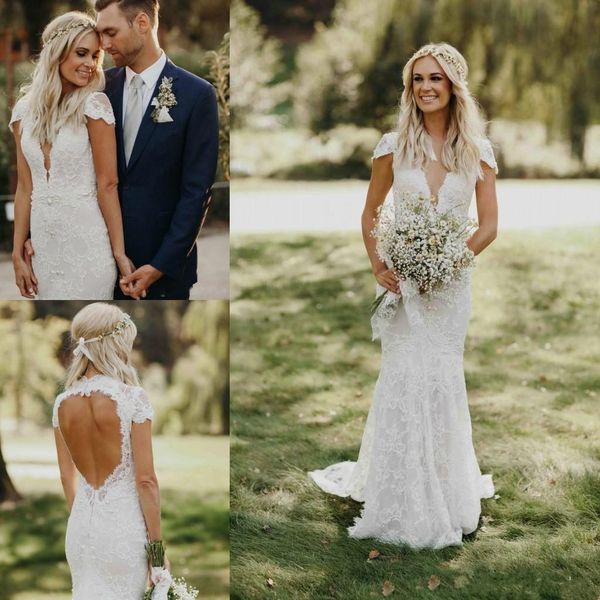 

2018 Summer Sexy Deep V Neck Lace Appliques Mermaid Wedding Dress Cap Sleeves Backless Country Garden Bridal Wedding Gowns Custom Made, White
